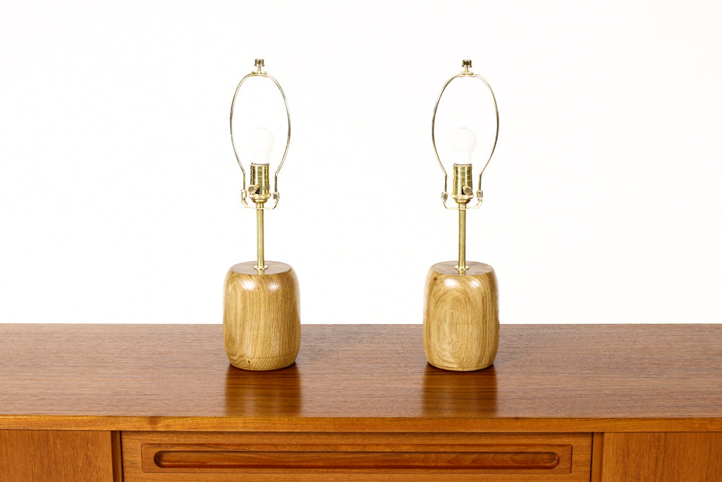 #1794 - Studio Craft White Oak Table Lamps — Lathe Turned with Brass Detailing — Pair — TL6