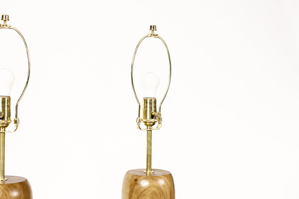 #1794 - Studio Craft White Oak Table Lamps — Lathe Turned with Brass Detailing — Pair — TL6