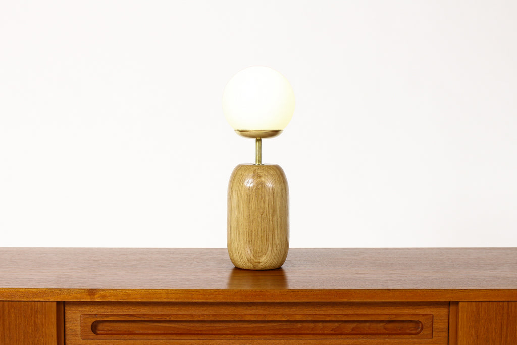 #1795 - Studio Craft White Oak Table Lamp — Lathe Turned with Glass Globe + Brass — TL7