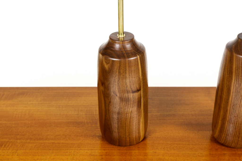 #1707 - Studio Craft Walnut Table Lamps — Lathe Turned with Brass Detailing — Pair — TL2