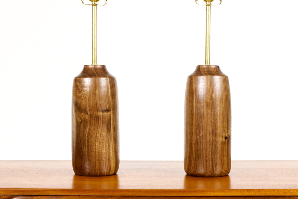 #1707 - Studio Craft Walnut Table Lamps — Lathe Turned with Brass Detailing — Pair — TL2