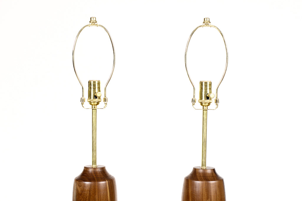 #1707 - Studio Craft Walnut Table Lamps — Lathe Turned with Brass Detailing — Pair — TL2