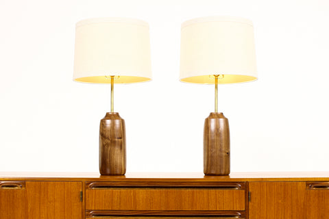 #1707 - Studio Craft Walnut Table Lamps — Lathe Turned with Brass Detailing — Pair — TL2