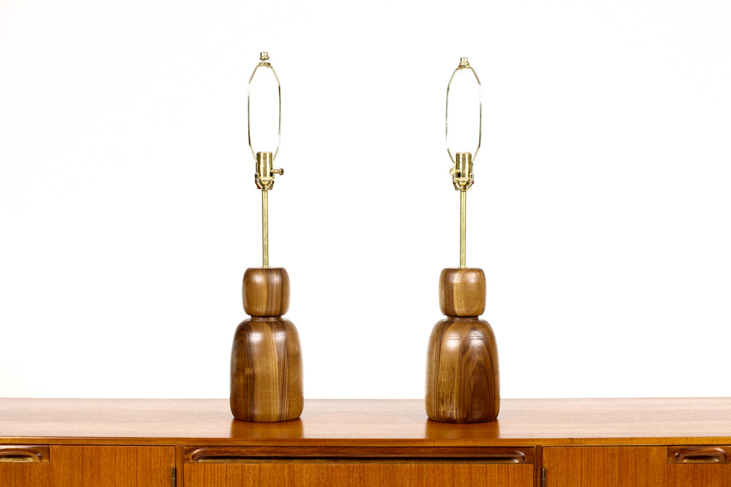 #1708 - Studio Craft Walnut Table Lamps — Lathe Turned with Brass Detailing — Pair — TL3