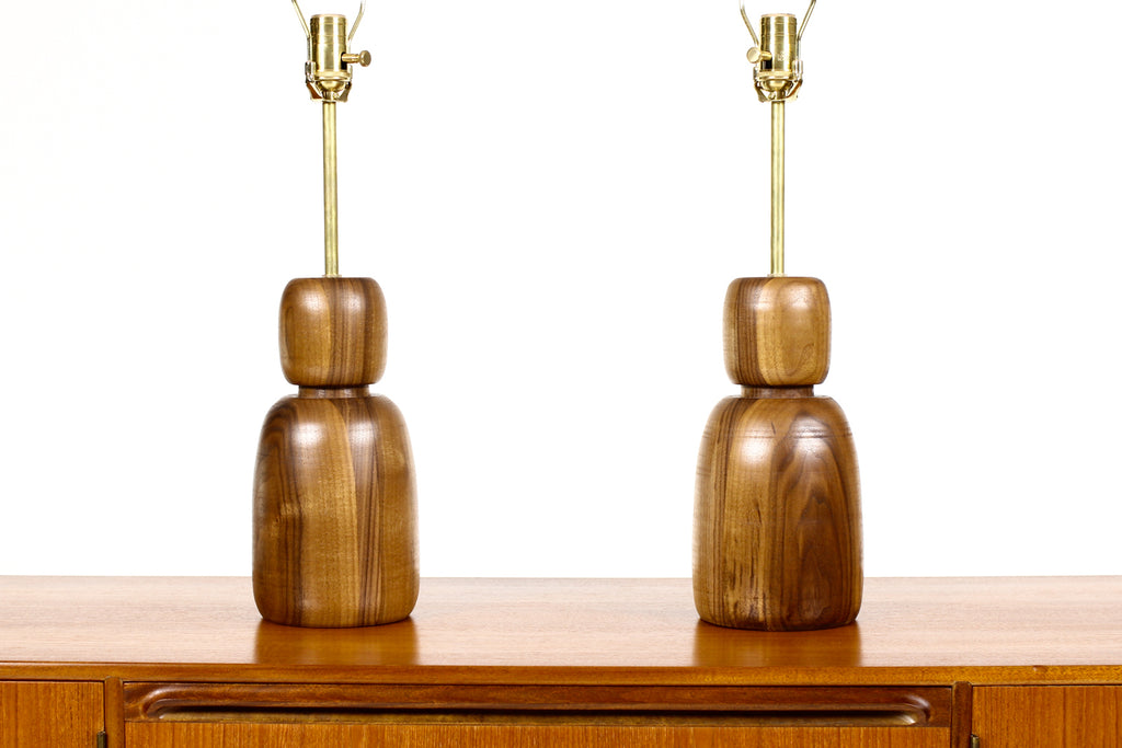 #1708 - Studio Craft Walnut Table Lamps — Lathe Turned with Brass Detailing — Pair — TL3