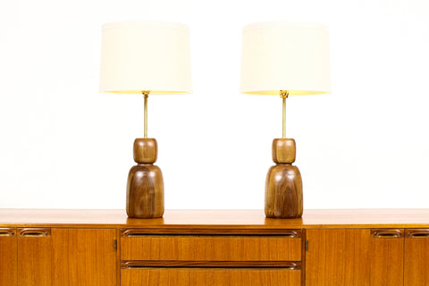#1708 - Studio Craft Walnut Table Lamps — Lathe Turned with Brass Detailing — Pair — TL3