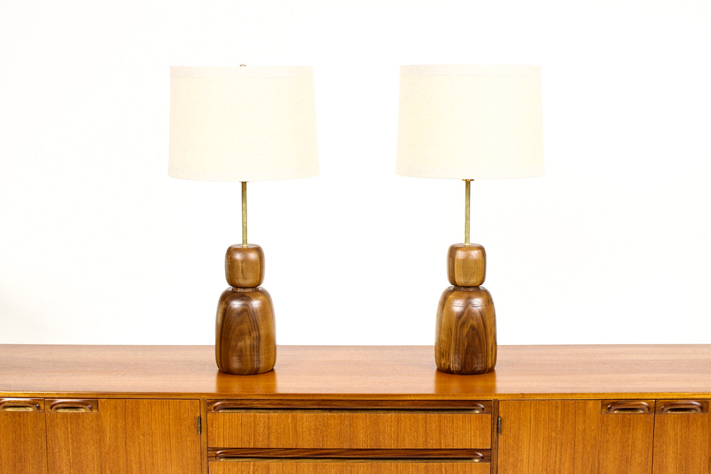 #1708 - Studio Craft Walnut Table Lamps — Lathe Turned with Brass Detailing — Pair — TL3