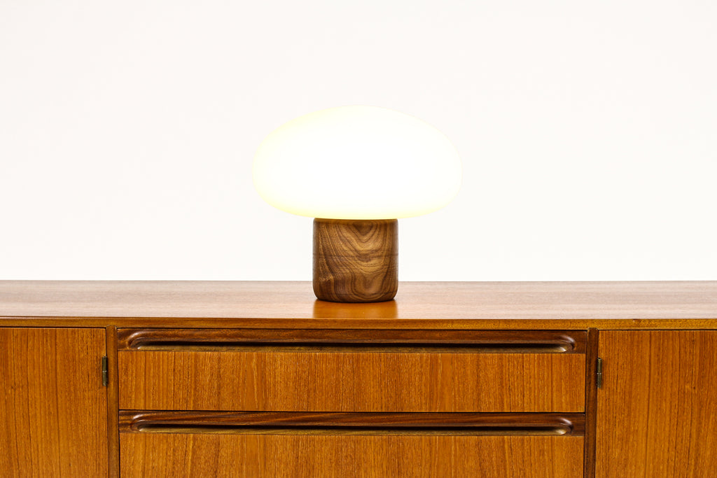 #1709 - Studio Craft Walnut Mushroom Table Lamp — Lathe Turned with Glass Globe — TL4
