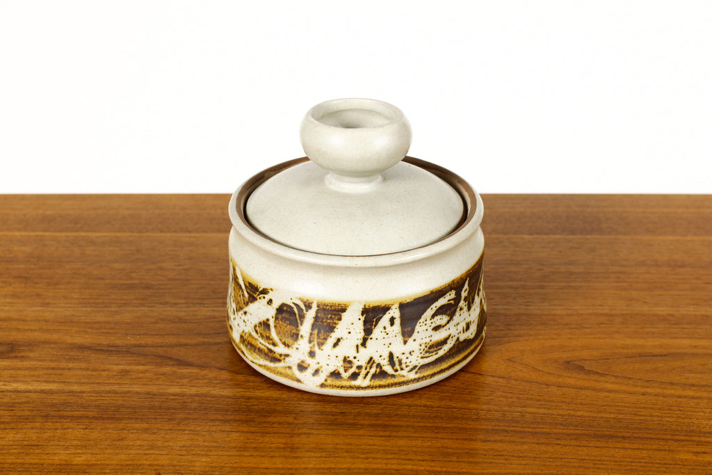 #1925 — Vintage Mid Century Stoneware Lidded Pot — Stoneware Designs West — Abstract glaze