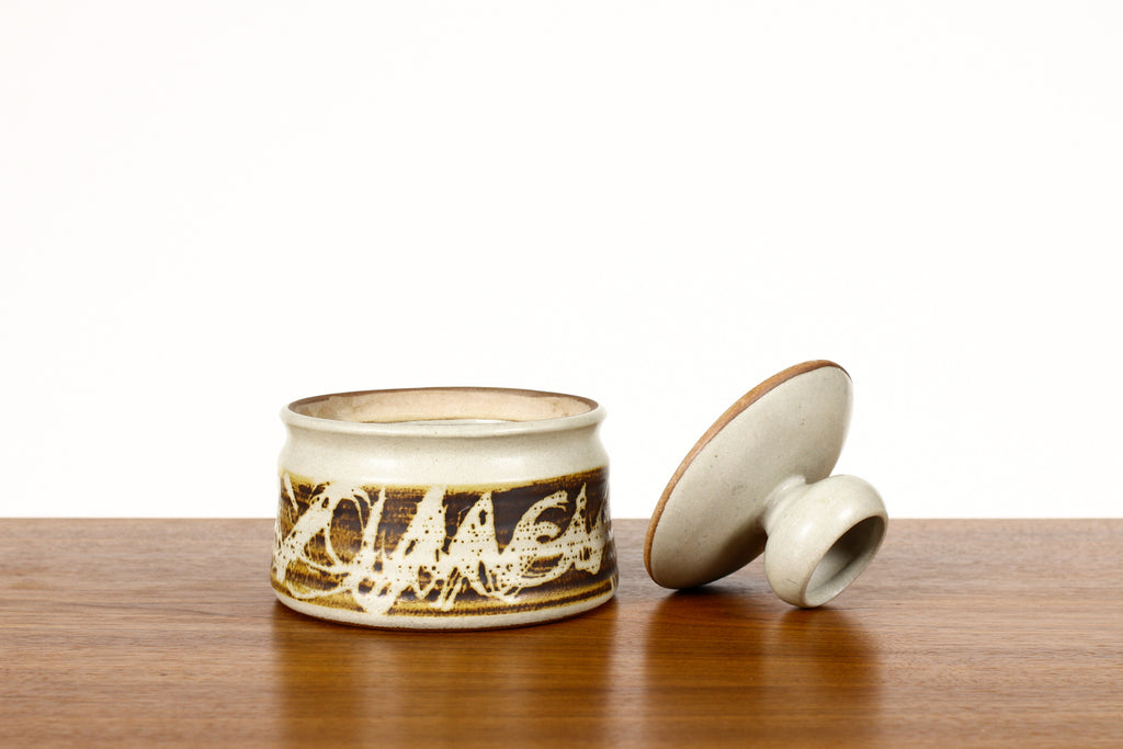 #1925 — Vintage Mid Century Stoneware Lidded Pot — Stoneware Designs West — Abstract glaze