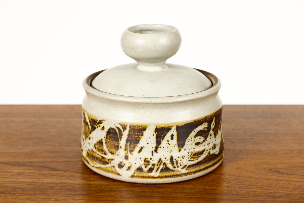 #1925 — Vintage Mid Century Stoneware Lidded Pot — Stoneware Designs West — Abstract glaze