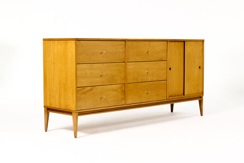 #2017 — Mid Century Vintage Paul McCobb Planner Group Maple Low Dresser — 6 drawer + Sliding Doors