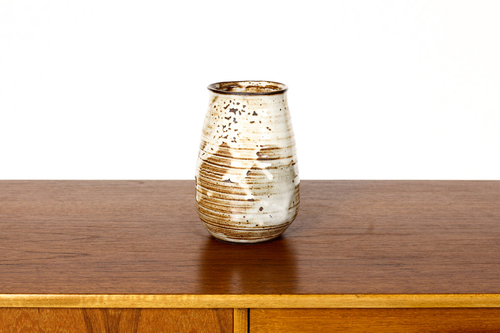 #1850 —  Vintage 70s Mid Century Stoneware Studio Pottery Vase - Rusty / White Drippy Glaze
