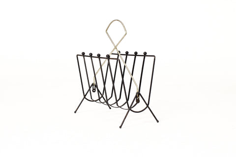 #1866 — Vintage Mid Century Magazine Rack / LP Storage — Black Steel + Brass