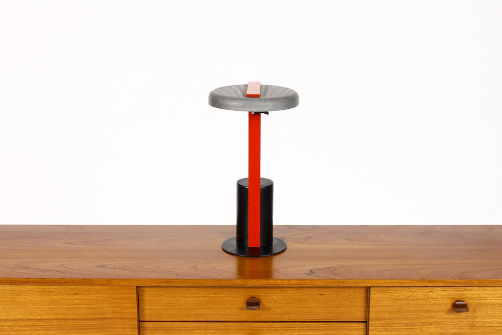 #752 – Vintage Memphis Designer Desk Lamp by Ron Rezek / Artemide – Black + Charcoal Grey w/ Red Detail