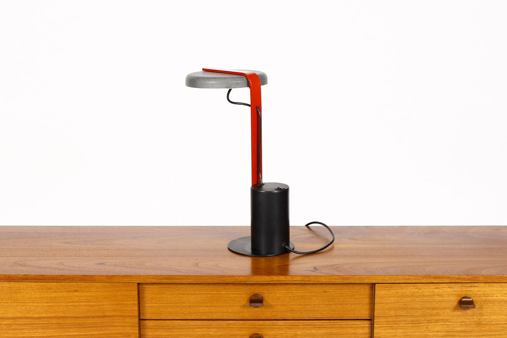 #752 – Vintage Memphis Designer Desk Lamp by Ron Rezek / Artemide – Black + Charcoal Grey w/ Red Detail